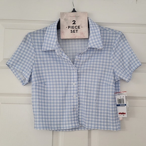 Ulta Flirt Baby Blue Checkered Button Up Crop Top & Mini Skirt Set - Picture 5 of 15